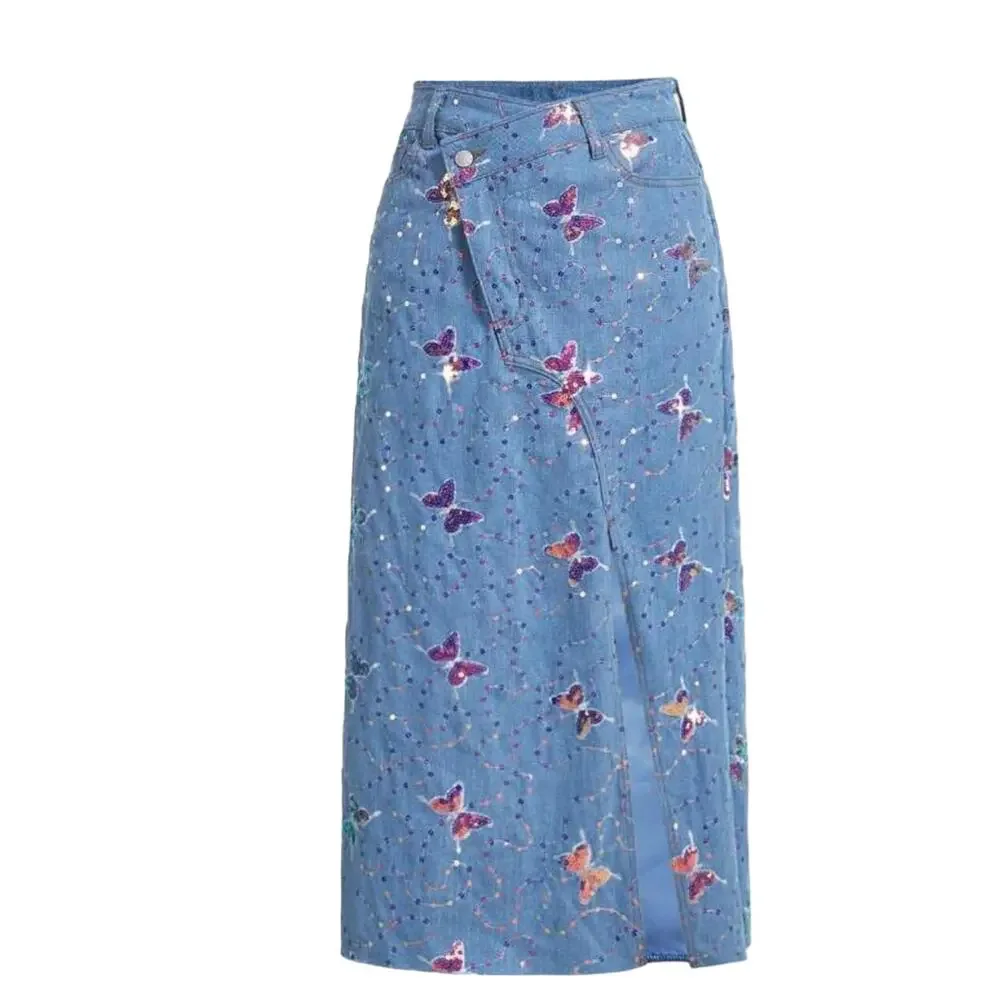 SHEIN MOD Butterfly Sequin Split Thigh Denim Skirt - Size 28-Y2K